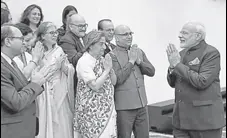  ?? ANI ?? Prime Minister Narendra Modi with a delegation of Kashmiri Pandits in Houston on Sunday.