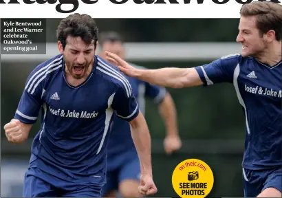  ??  ?? Kyle Bentwood and Lee Warner celebrate Oakwood’s opening goal