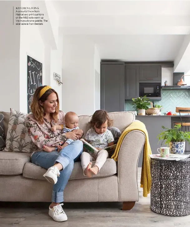  ??  ?? KITCHEN LIVING
A colourful throw from
Habitat and print cushions on the M&S sofa warm up the monochrome palette. The side table is from Bentalls