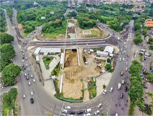  ?? DIKA KAWENGIAN/JAWA POS ?? PERLU DIKEBUT: Proyek underpass bundaran Satelit difoto dari atas. Bila tuntas, proyek tersebut akan mengurai kemacetan lalu lintas di sana.