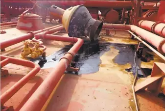  ?? I.R. Consilium 2019 ?? Decay is apparent last year on the deck of the FSO Safer, an abandoned tanker moored off the coast of Yemen loaded with more than 1 million barrels of crude oil that is at risk of rupture.