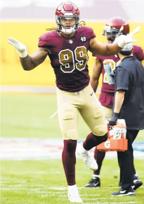  ?? DANIEL KUCIN JR/ASSOCIATED PRESS ?? Rookie Chase Young celebrates making a defensive play during Washington’s 20-9 victory Sunday against the Cincinnati Bengals.