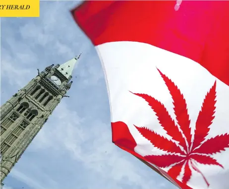  ?? DONALD WEBER / GETTY IMAGES ?? A Canadian flag with a cannabis leaf flies during a rally in support of legalizing marijuana on Parliament Hill. The federal government is expected to legalize marijuana on Canada Day 2018, which gives a target for the provinces to establish rules and...