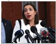  ?? (AP/Jose Luis Magana) ?? Selene San Felice, who survived the shooting in the newsroom of the Capital Gazette, speaks after Tuesday’s sentencing of Jarrod Ramos in Annapolis, Md. In the courtroom, she told Ramos, “You cannot kill the truth.”