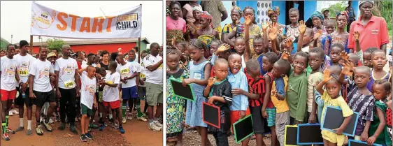  ??  ?? On your marks: above left, the start line of the 5km and 10km race of this year’s Sierra Leone Marathon. Above right, children from Hayling Primary School with chalk boards