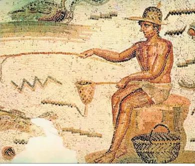  ?? ?? Mosaico romano del siglo II d. C. representa­ndo a un pescador con cana (Museo del Bardo, Túnez).