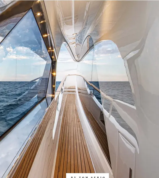 ??  ?? Wide side decks and high rails ensure safe transit to and from the foredeck lounge.