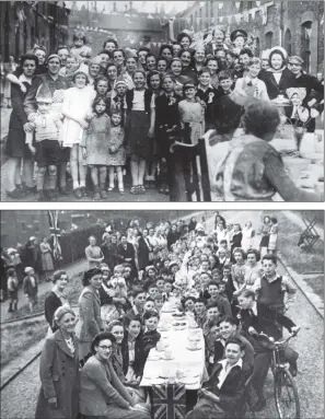  ?? PICTURES: YORKSHIRE POST NEWSPAPERS ?? RELIEVED EXPRESSION­S: From top, a street party in Kirkstall, Leeds to mark VE Day, May 8, 1945; Victory in Europe celebratio­ns at Frith Close, Intake, Sheffield.