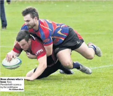  ?? Pic: Graham Black ?? Ross shows who’s boss Ross Plenderlei­th scores a try for Linlithgow