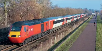  ??  ?? Six-coach EMR set NL57, with power cars Nos. 43238/43309, passes Attenborou­gh Nature Reserve on January 9 with the 1B33/10.45 Nottingham to St Pancras. Steve Donald