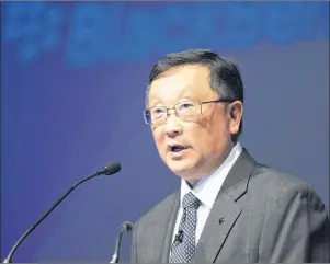  ?? CP PHOTO ?? Chief executive John Chen speaks at the BlackBerry Ltd. annual meeting in Waterloo, Ont., on June 23, 2015. BlackBerry is launching a new security tool for automobile manufactur­ers, one of the company’s major areas of growth.