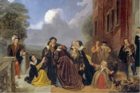  ??  ?? 1535 – La Séparation de sir Thomas More et de sa famille (1859), de Thomas Woolnoth. Très pieux, More n’entre pas dans les ordres car, selon Érasme, il préfère
« être un mari chaste plutôt qu’un moine impudique ».
Il épouse Jane Colt en 1505. De cette union, sont nés quatre enfants, dont Margareth Roper connue en Angleterre pour avoir été « la femme la plus savante du xvie siècle ».