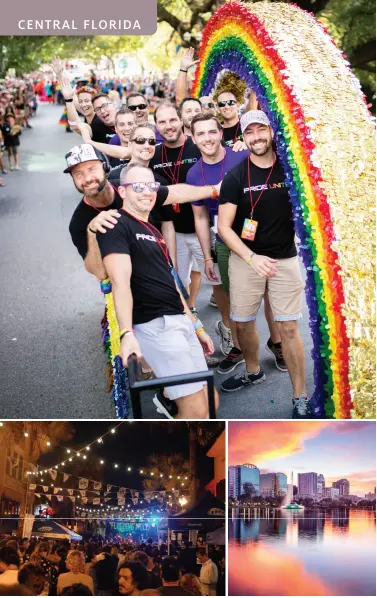  ??  ?? TOP: The most colorful parade in Orlando.
CENTER LEFT: Florida Music Festival in downtown Orlando.
CENTER RIGHT: Downtown Orlando skyline from Eola Park.
BOTTOM: The Orlando Eye on Internatio­nal Drive.
OPPOSITE: Boardwalk in Blue Spring State Park.