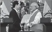  ?? RAJ K RAJ/HT PHOTO ?? ▪ PM Narendra Modi with Vietnam President Tran Dai Quang prior to a meeting and agreement signing, during a joint press statement, at Hyderabad House, in New Delhi on Saturday.