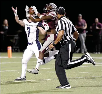  ?? Bud Sullins/Special to Siloam Sunday ?? Siloam Springs senior wide receiver Primo Agbehi hauls in a 53-yard touchdown pass from Landon Ellis as Greenwood’s Dawson James defends on the play during Friday’s game at Panther Stadium. Greenwood defeated Siloam Springs 42-7.