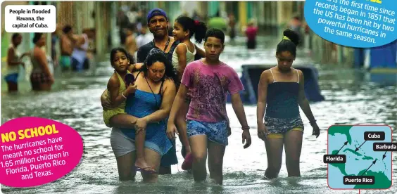  ??  ?? People in flooded
Havana, the capital of Cuba.
Florida
Cuba
Puerto Rico
Barbuda