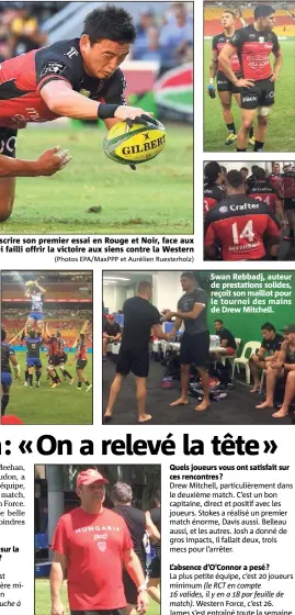  ??  ?? Steve Meehan était content de la réaction des Toulonnais malgré la défaite initiale. Swan Rebbadj, auteur de prestation­s solides, reçoit son maillot pour le tournoi des mains de Drew Mitchell.