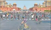  ?? PTI PHOTO ?? Cyclists at Raisina Hill on Sunday. n