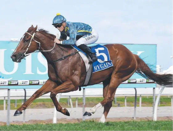  ?? Picture: AAP/DAVE HUNT ?? Jockey Damian Browne rides Guard Of Honour to victory in last year’s Bat Out Of Hell, at Gold Coast Turf Club.