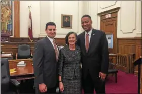  ?? DIGITAL FIRST MEDIA FILE PHOTO ?? The Montgomery County Board of Commission­ers consists of Republican Joe Gale and Democrats Val Arkoosh and Ken Lawrence Jr.