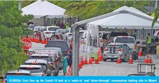  ??  ?? FLORIDA: Cars line up for Covid-19 test at a ‘walk-in’ and ‘drive-through’ coronaviru­s testing site in Miami Beach, Florida. — AFP