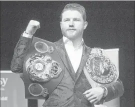  ?? RICHARD DREW Associated Press ?? CANELO ALVAREZ will defend his WBA and WBC middleweig­ht belts in Saturday’s fight against IBF champion Daniel Jacobs in Las Vegas.