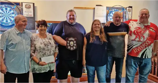  ?? ?? A TOTAL of £1,300 was paid out as Carmarthen Mixed Darts Summer League sponsored by Towy Works staged its presentati­on evening. Winners Boars Trotters picked up £390, with second-placed Coracle collecting £290. There were also prizes for third-placed Wheatsheaf (£200), Quins in fourth (£150) and fifth-placed Gremlin Club (£150).
The 5s round robin was dominated by the Coracle, who didn’t drop a leg all night. Second place went to Boars Trotters, who won a play-off against the Quins. Wheatsheaf claimed fourth place after a play-off against Gremlin.
High offs: Richard Jupp 120 and 100; Alan Davies 108; Rob Love 105 and 100; Paul Jones 100.
Ladies’ high scores: Sarah Davies 140 and 115; Shirley Davies 140; Delyth Morris 140; Pat Carter 126; Sue M Phillips 116.