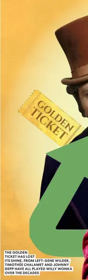  ?? ?? THE GOLDEN
TICKET HAS LOST
ITS SHINE, FROM LEFT: GENE WILDER, TIMOTHÉE CHALAMET AND JOHNNY DEPP HAVE ALL PLAYED WILLY WONKA OVER THE DECADES