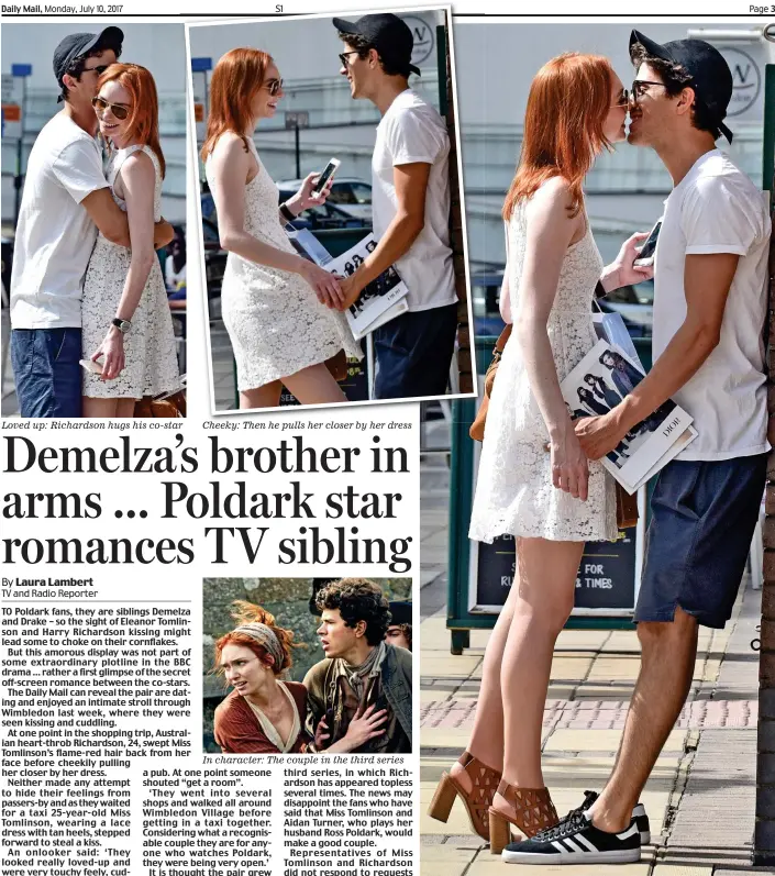  ??  ?? Loved up: Richardson hugs his co-star Cheeky: Then he pulls her closer by her dress Adoring gaze: Eleanor Tomlinson steps in for a kiss after their shopping trip