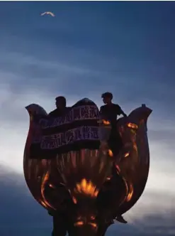  ??  ?? HONG KONG: A bird flies past as pro-democracy demonstrat­ors standing on top of the Golden Bauhinia statue, given to Hong Kong by China to mark the 1997 handover, after storming the sculpture in front of the Convention and Exhibition Centre in Hong Kong...