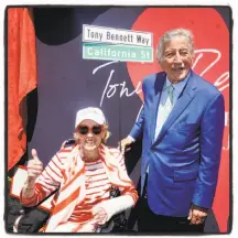  ??  ?? Protocol Chief Charlotte Shultz and Tony Bennett celebrate Tony Bennett Way Day in front of the Fairmont Hotel.