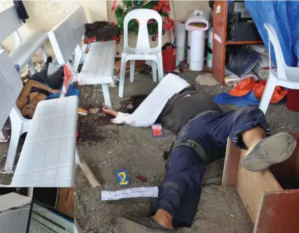  ??  ?? These police photos show the dead bodies of Fair Bank security guard Dean Deserto and his live-in partner Cecilia Torre (above), and bank clerk Jenelyn Megabon (left) who were allegedly shot by security guard Berly Tudtod.