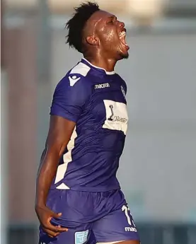  ??  ?? St. Andrews' Jamaican new striker Kavaun Atkinson celebrates scoring against Balzan. Photo: Domenic Aquilina