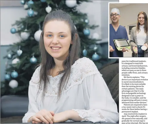  ??  ?? LIFE-CHANGING: Amy Lyons, 22, who has undergone a pioneering implant to stop incontinen­ce. Inset, with her surgeon Neil Harris.