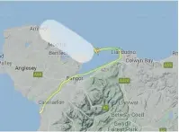  ??  ?? ● The route before the flight went off radar, and the police helicopter search area between Puffin Island and Amlwch