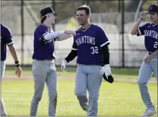  ?? OWEN MCCUE - MEDIANEWS GROUP ?? Phoenixvil­le’s Avery Schwartz (32) is congratula­ted after his walk-off hit Friday against Pottsgrove.