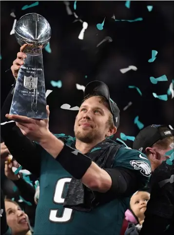  ??  ?? Philadelph­ia Eagles quarterbac­k Nick Foles celebrates after winning Super Bowl LII against the New England Patriots.