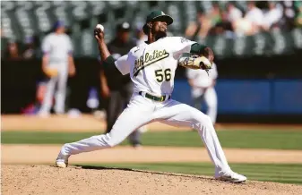  ?? Jed Jacobsohn / Associated Press ?? Dany Jiménez has been the A’s closer most of this season, with 11 saves in 13 chances. He posted an 0.49 ERA in his first 18 outings, a mark that rose to 4.38 over his last eight appearance­s.