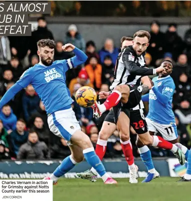  ?? JON CORKEN ?? Charles Vernam in action for Grimsby against Notts County earlier this season