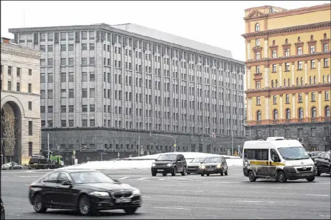  ?? ALEXANDER ZEMLIANICH­ENKO / ASSOCIATED PRESS 2016 ?? FSB, Russia’s domestic security agency, is located (center) in downtown Moscow. Russian media outlets have reported that three officers in FSB’s cybercrime division were arrested in December. In addition, Ruslan Stoyanov, an executive at Kaspersky Lab,...