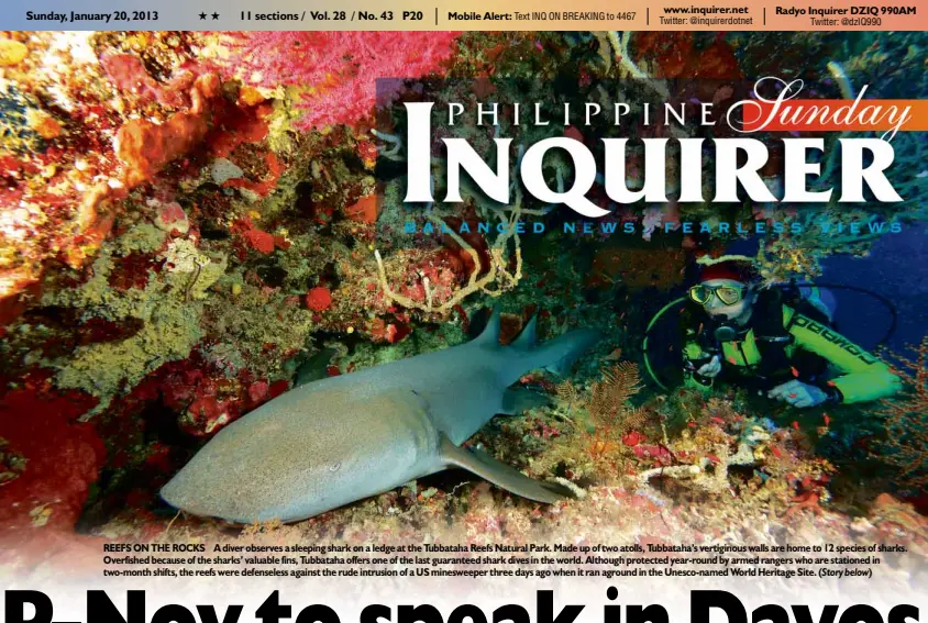  ??  ?? REEFS ONTHE ROCKS A diver observes a sleeping shark on a ledge at the Tubbataha Reefs Natural Park. Made up of two atolls, Tubbataha’s vertiginou­s walls are home to 12 species of sharks. Overfished because of the sharks’ valuable fins, Tubbataha offers...