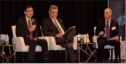  ?? LIU YINMENG / CHINA DAILY ?? From left: Charlie Yao, president and CEO of Yuhuang Chemical USA, Bob Harvey, president and CEO of Greater Houston Partnershi­p, and Andy Serwer, editor-in-chief of Yahoo Finance, chat during a panel discussion in Houston, Texas, on Aug 29.