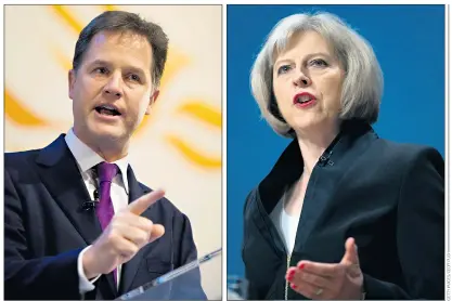 ??  ?? Nick Clegg, left, has blocked government guidance regarding checks on university speakers, but Theresa May, right, said institutio­ns must be vigilant