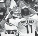  ?? ROB SCHUMACHER/AZCENTRAL SPORTS ?? The Diamondbac­ks’ A.J. Pollock celebrates with teammates after scoring on a double by Chris Owings against the Dodgers in the third inning on Friday at Chase Field.