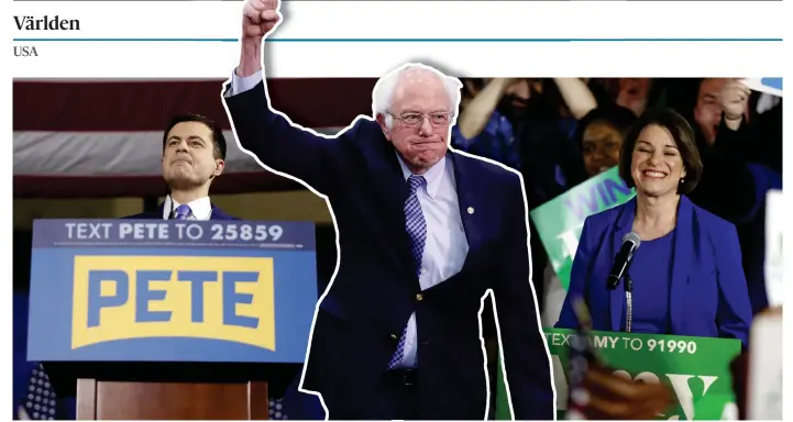  ?? Bild: Andrew Harnik/ap/tt, Pablo Martinez Monsivais/ap/tt, Robert F Bukaty/ap/tt ?? Bernie Sanders vann som väntat i New Hampshire, men både Pete Buttigieg och Amy Klobuchar går starkt.