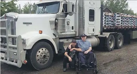  ??  ?? Robert Price, seen with his father Dougie Price in front of Robert’s truck in Tabusintac, N.B., was parked on turnout on a highway near Avola when an armed man who had escaped police got into the semi and forced Price to drive the truck. Police...