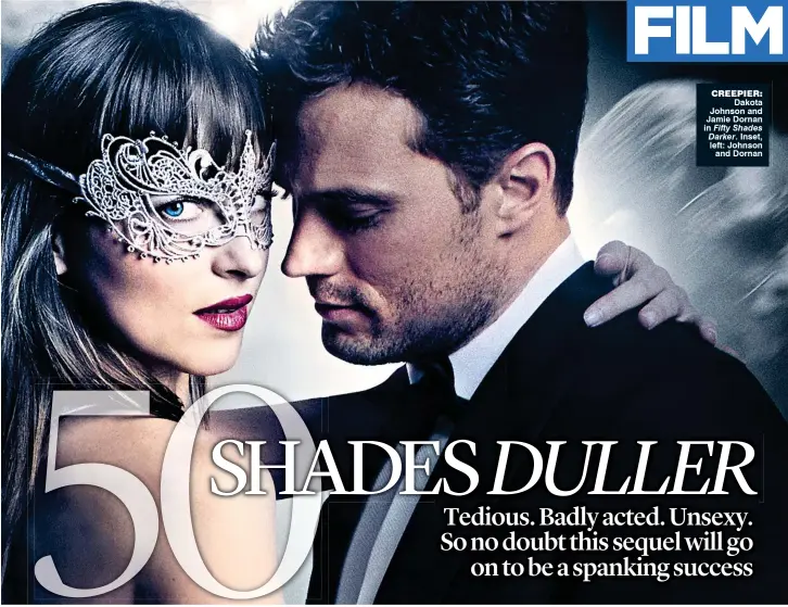  ??  ?? CREEPIER: Dakota Johnson and Jamie Dornan in Fifty Shades Darker. Inset, left: Johnson and Dornan