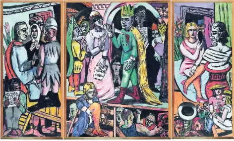  ?? FOTO: HARVARD ART MUSEUMS/FOGG MUSEUM, CAMBRIDGE, MA, SCHENKUNG LOIS ORSWELL © VG BILD-KUNST, BONN 2018 PHOTO: IMAGING DEPARTMENT © PRESIDENT AND FELLOWS OF HARVARD COLLEGE ?? „Schauspiel­er“von Max Beckmann (1941/42). Seine Triptychen stellen eine einzigarti­ge Werkfolge in der Kunst der Moderne dar. Von 1932 bis 1950 sind zehn Triptychen entstanden.