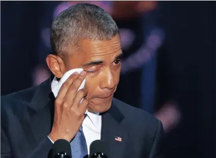  ?? PICTURE: EPA ?? US President Barack Obama wipes a tear from his eye while delivering his farewell address to the American people at McCormick Place in Chicago, Illinois, US. Obama’s eight-year term as US president ends on January 20 when President-elect Donald Trump...