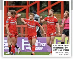  ?? MARK COSGROVE/ NEWS IMAGES ?? KR’S Ethan Ryan celebrates a try with team-mates